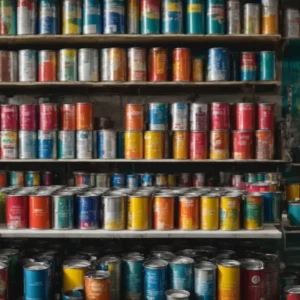 an array of bright, vibrant paint cans aligned on shelves in a well-lit, clean florida paint shop.