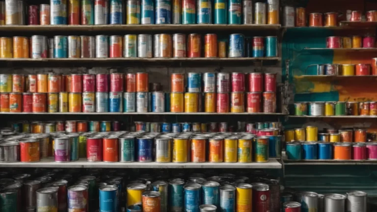 an array of bright, vibrant paint cans aligned on shelves in a well-lit, clean florida paint shop.