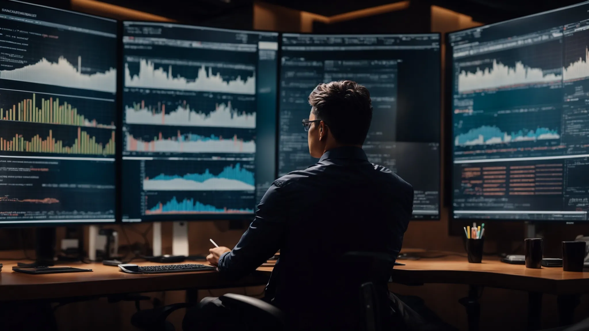 a marketer sits in front of dual monitors displaying graphs and word clouds, deeply focused on the analysis.