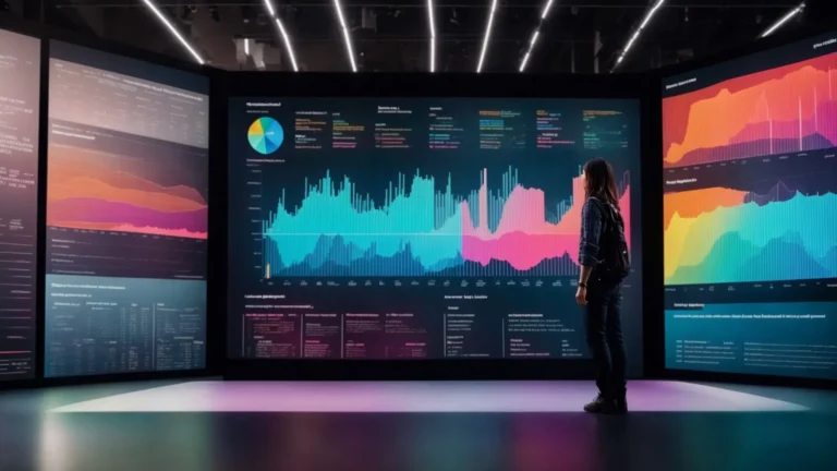 a person stands in front of a large, bright screen displaying colorful graphs and charts about seo trends.