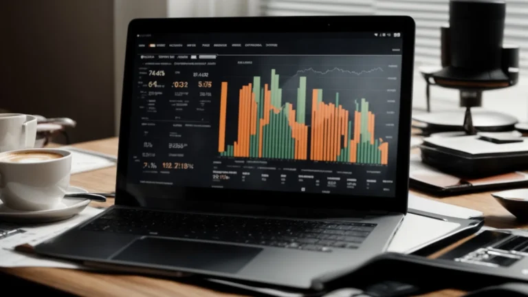 a laptop displaying charts and graphs sits on an office desk surrounded by a notebook, a pen, and a cup of coffee.