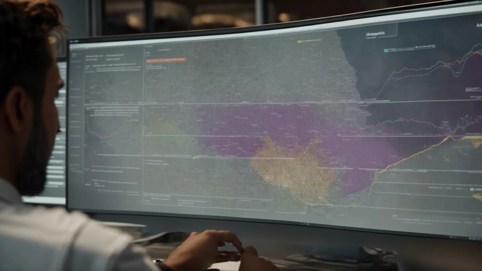 a marketer reviews data analytics on a computer screen, adjusting a digital map to refine ad targeting strategies.