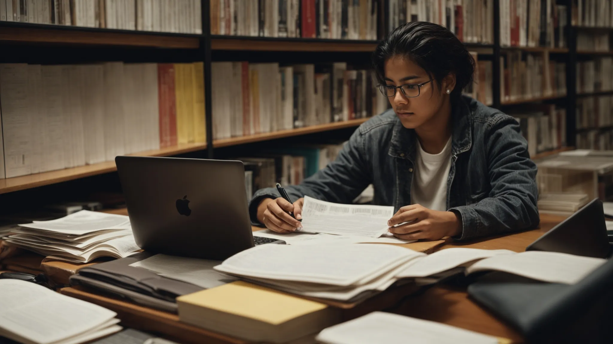 a student sits pondering before a laptop, surrounded by financial documents and a calculator, in the quiet corner of a library.
