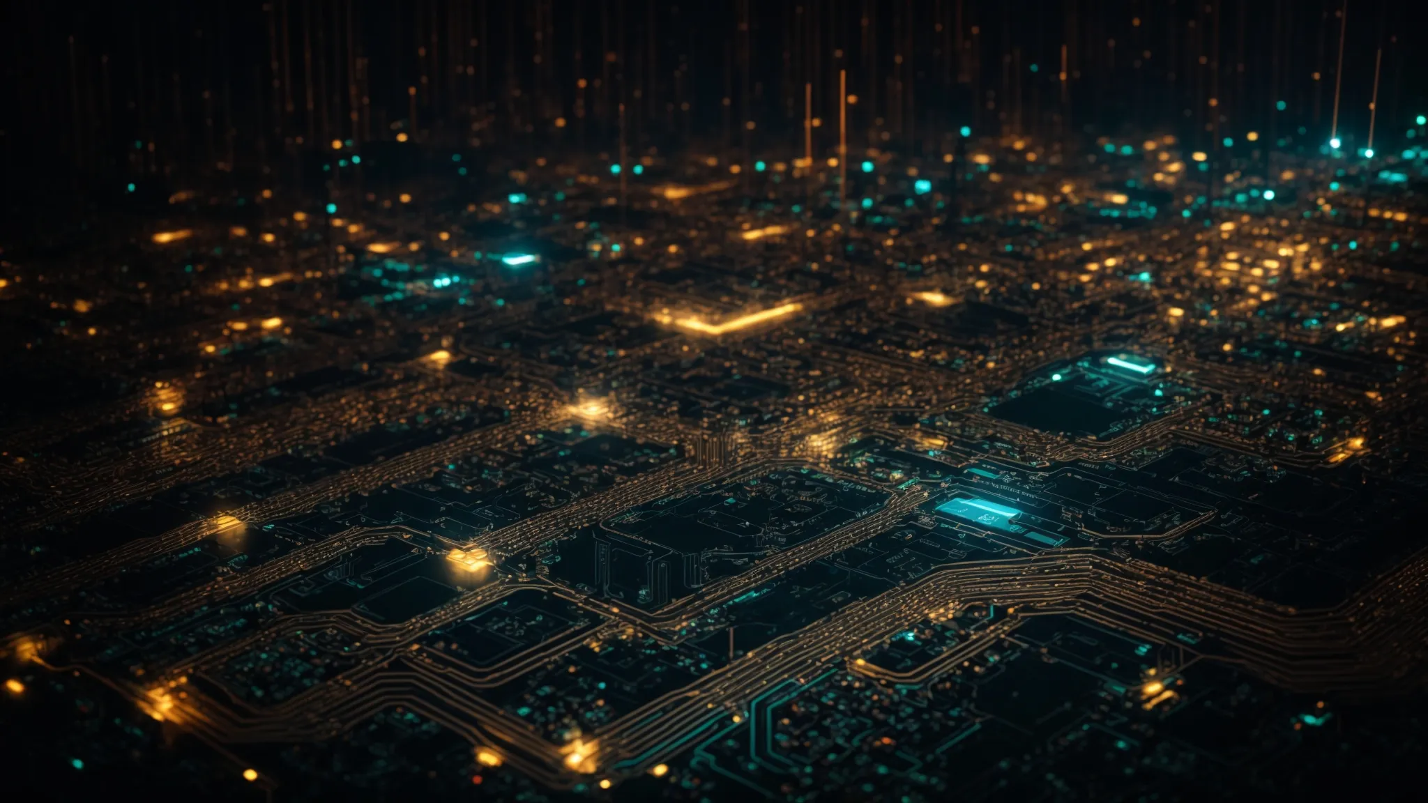 a vast network of interconnected digital circuits glowing against a dark background, symbolizing the complexity and reach of technology shaped by algebraic functions.