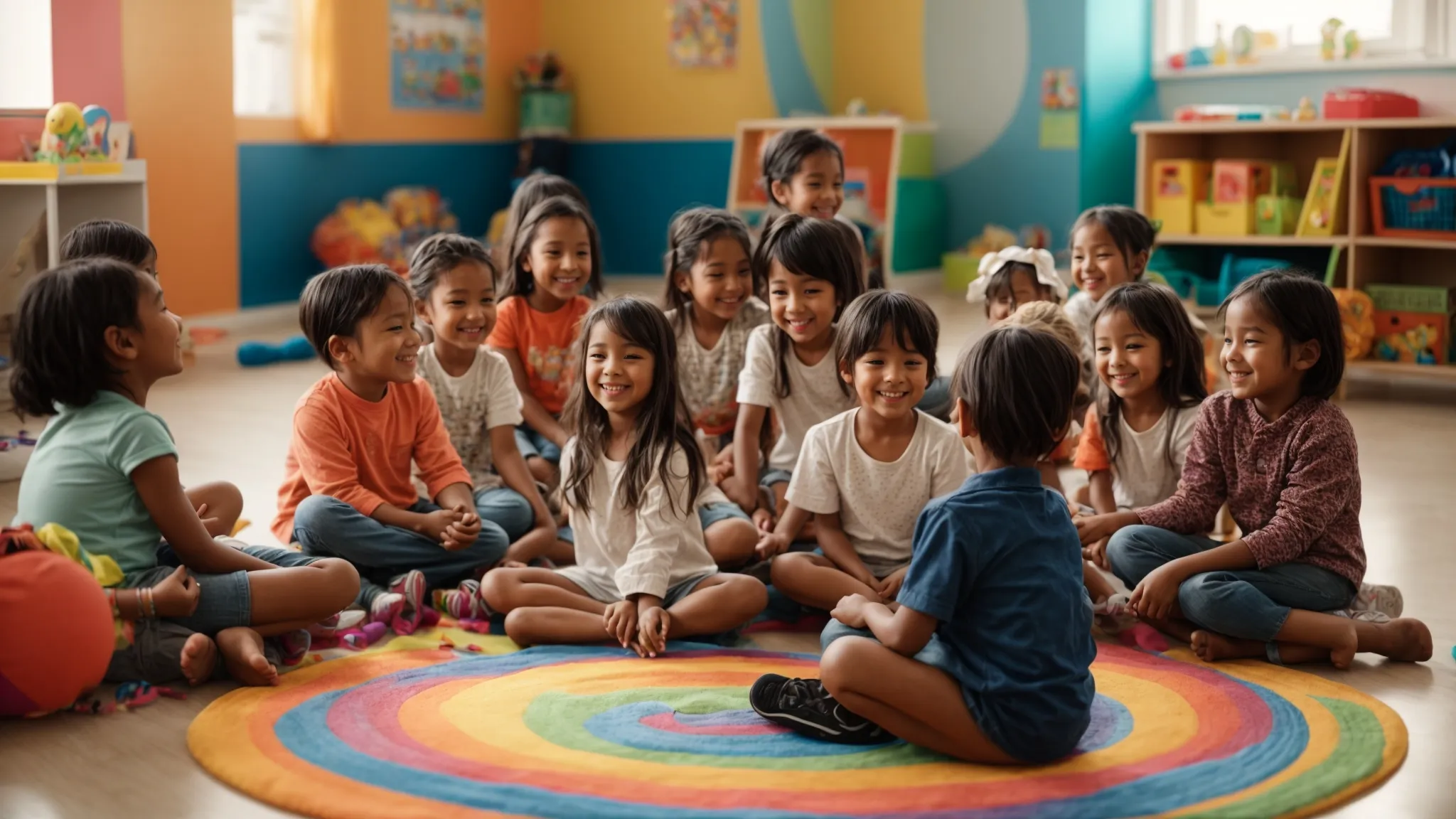 a circle of young children, smiling and engaged, gather around a colorful storytelling mat in a bright, inviting classroom.