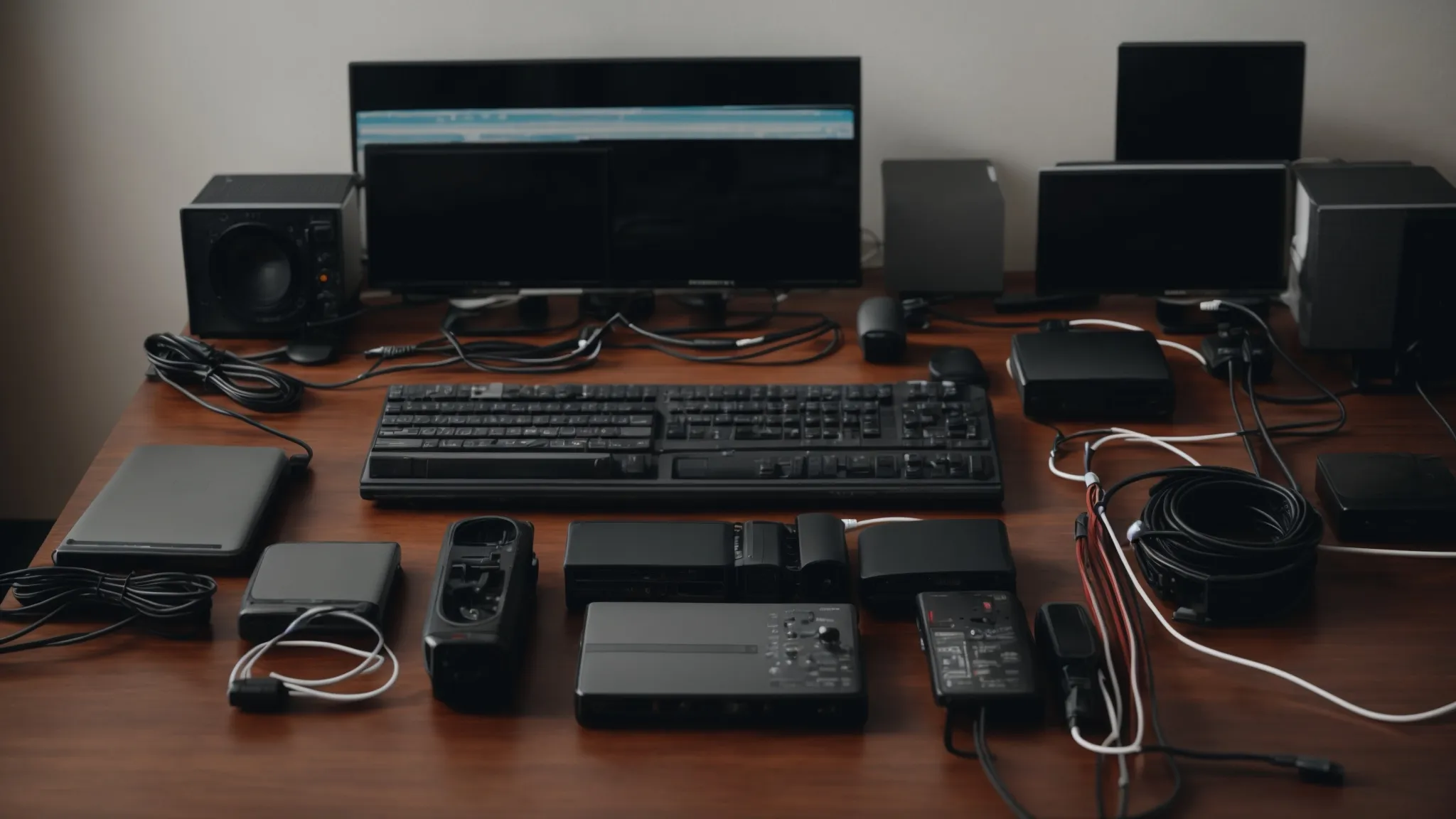a neatly arranged desk with a series of organized cables connected to various electronic devices, demonstrating effective cable management.
