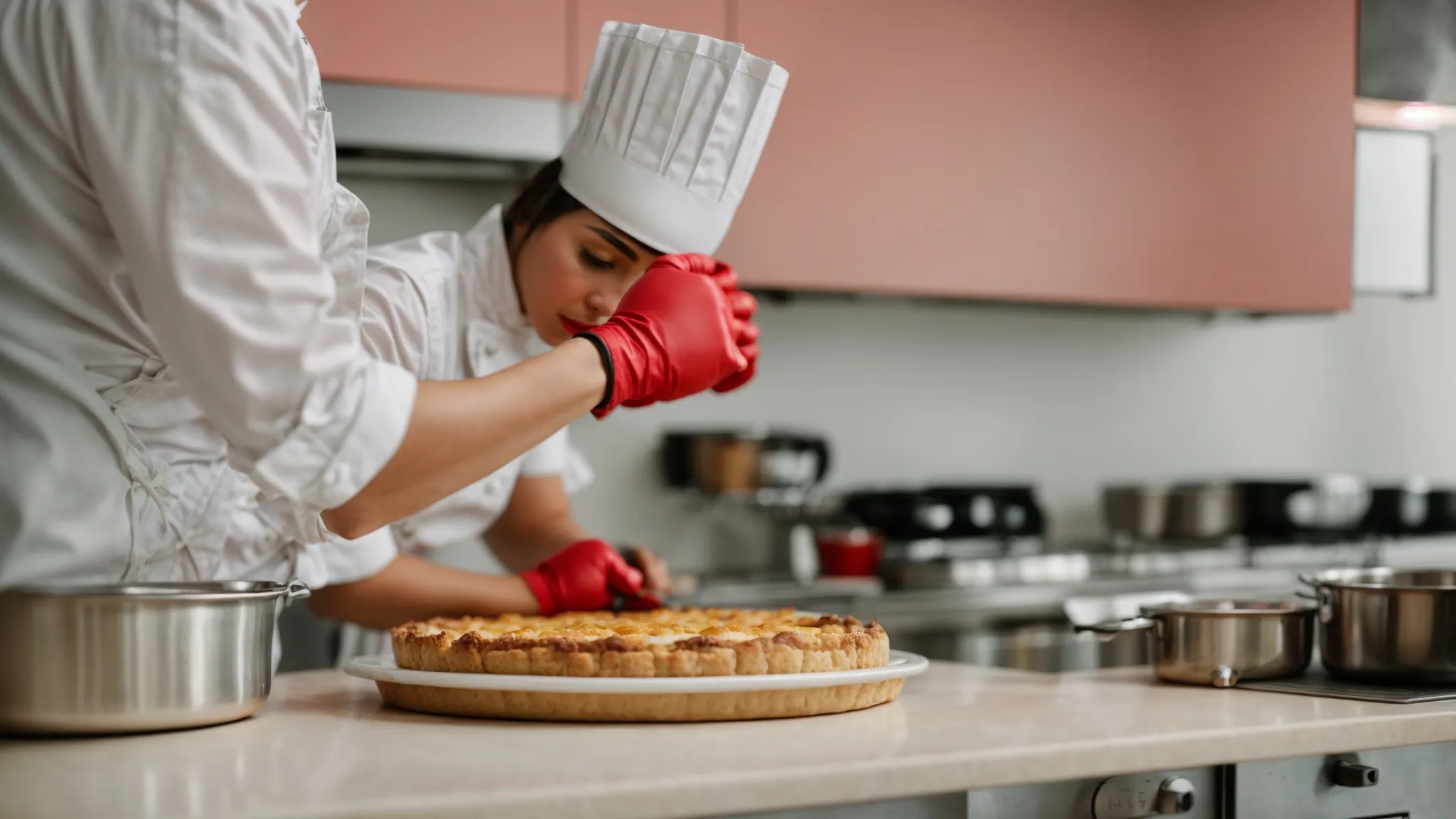 a chef places a freshly baked pie on the counter, with a pair of bright red kitchenaid oven mitts resting nearby.
