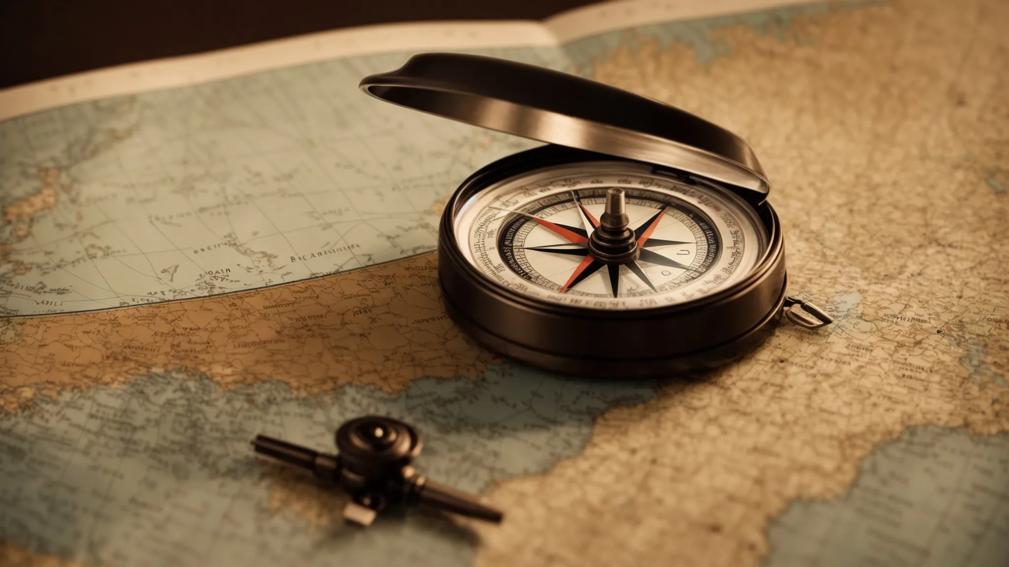 a compass on a map, symbolizing the navigational guidance seo provides in the digital content ocean.