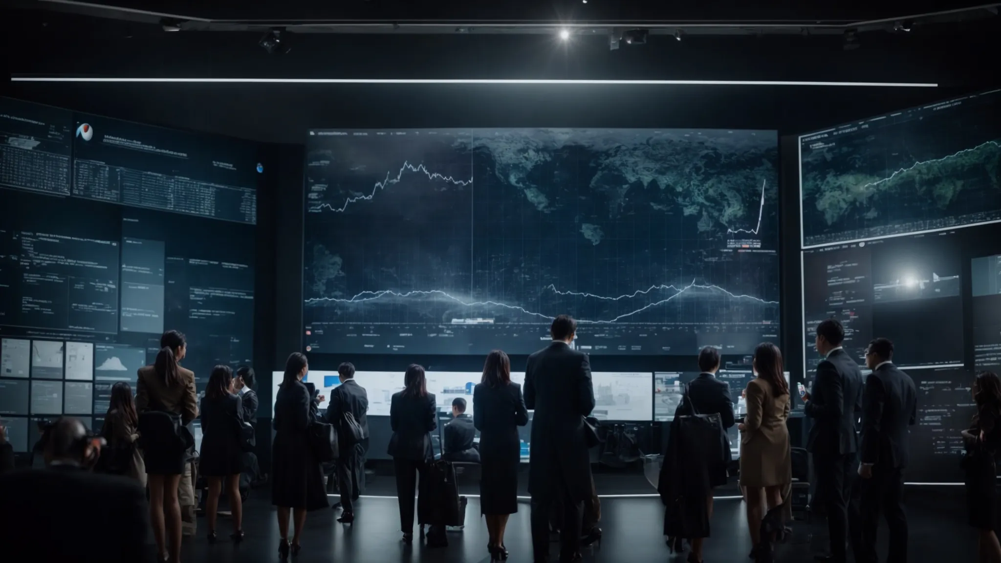 a group of professionals gathered around a large digital screen displaying global trends and analytics graphs.