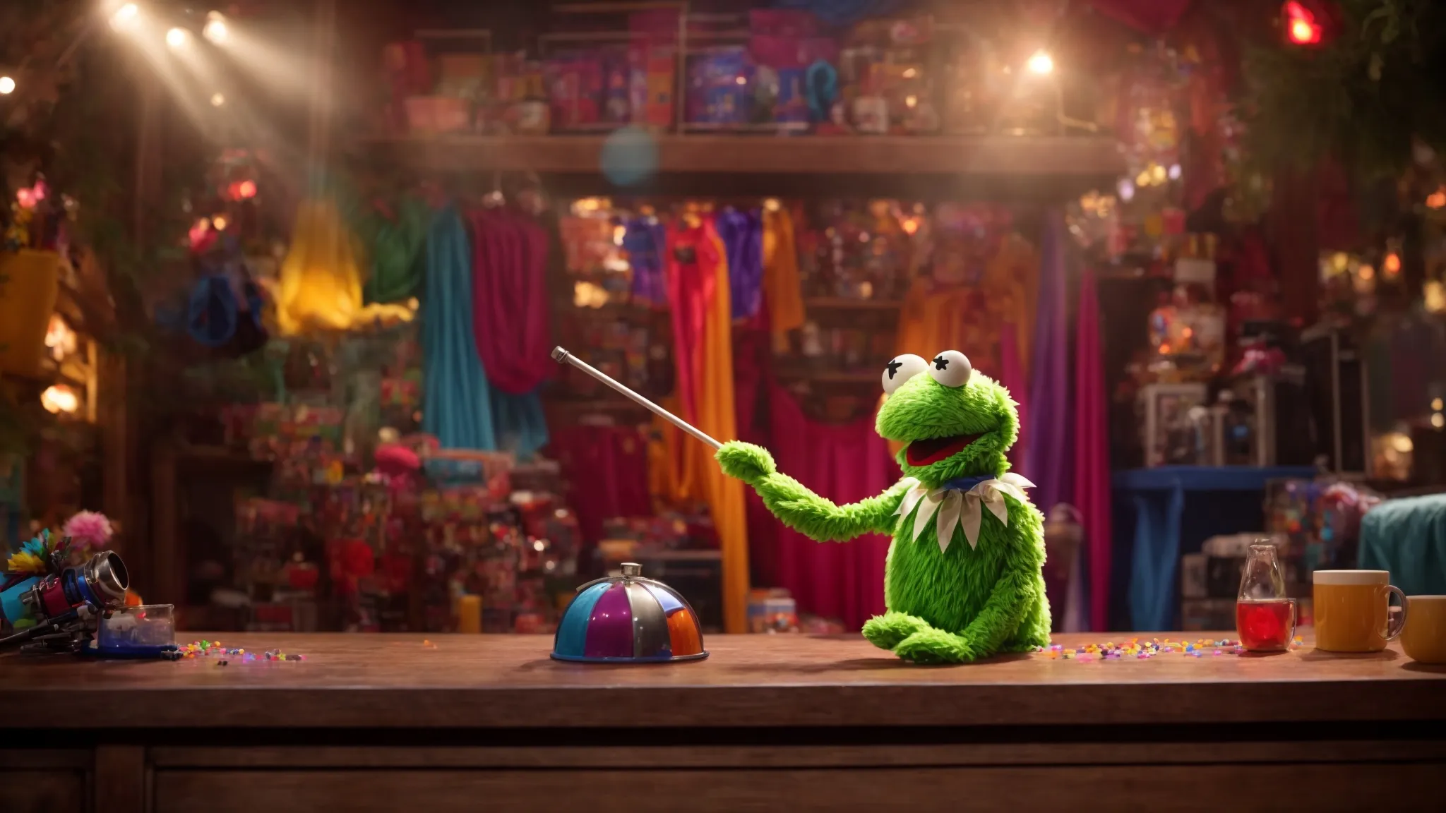a puppeteer controls a vibrant, colorful muppet character on a lively television set backdrop.