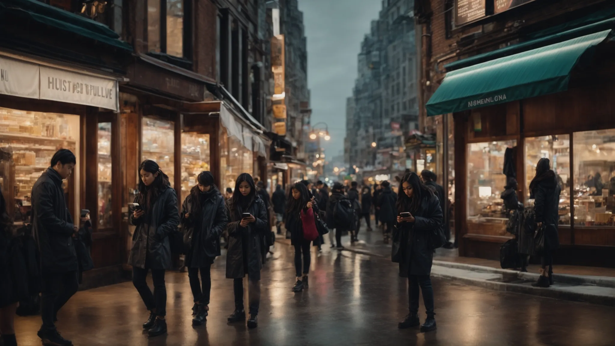 a bustling street corner where people are using their phones to navigate, with storefronts in the background.
