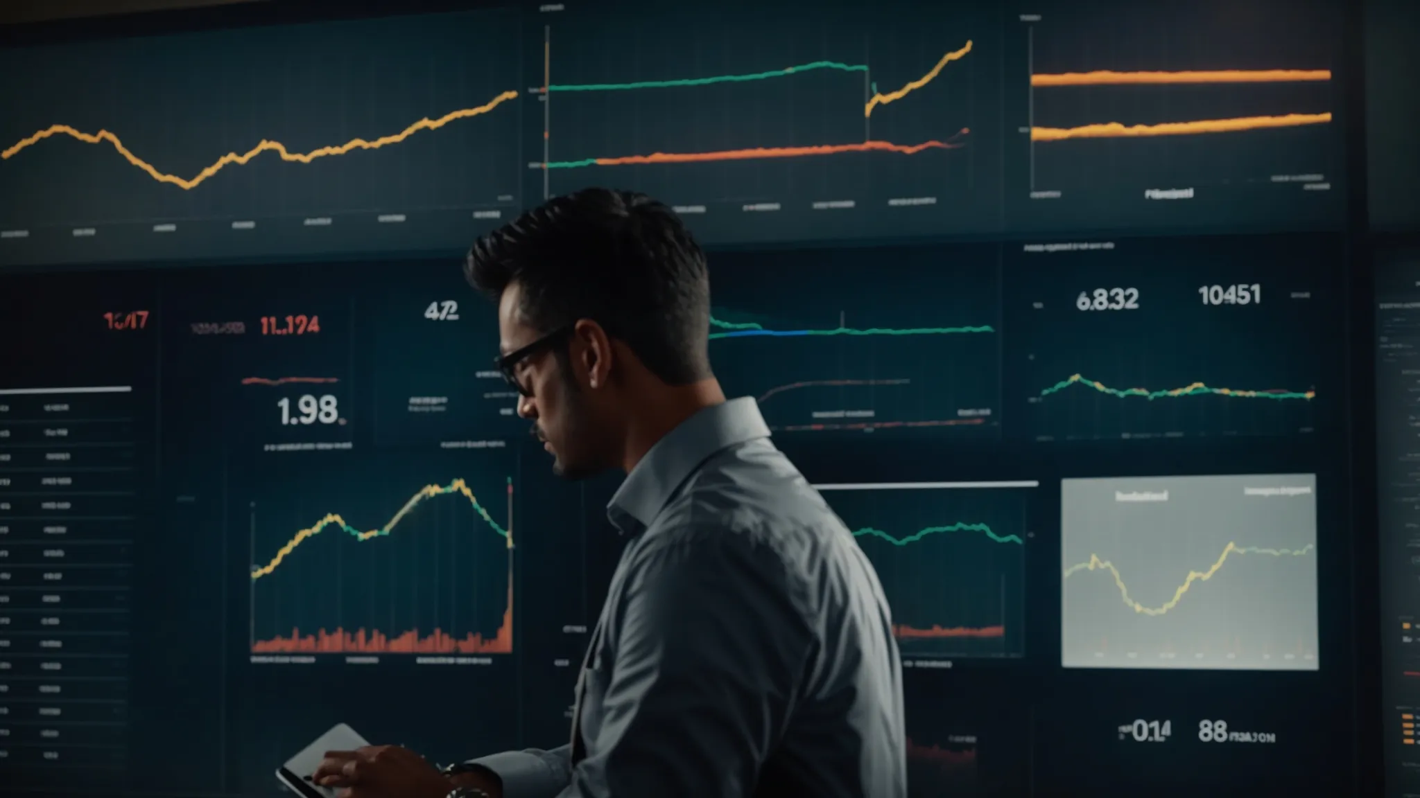 a marketing professional analyzes a digital dashboard displaying website performance metrics.