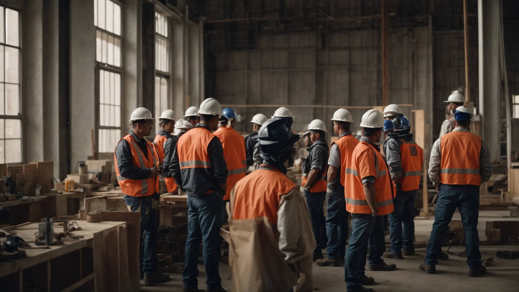 a group of construction workers gathered in a workshop, attentively watching a safety demonstration.