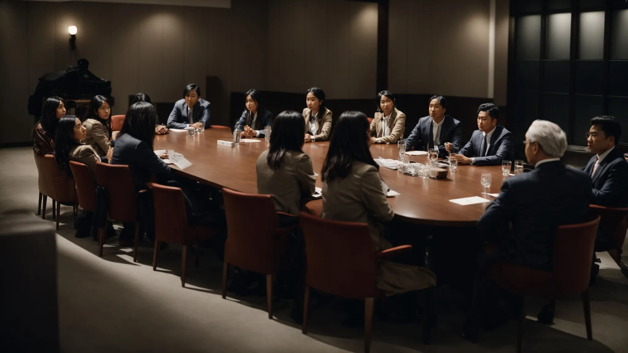 a diverse group of individuals sit around a large table, engaging in a focused discussion.
