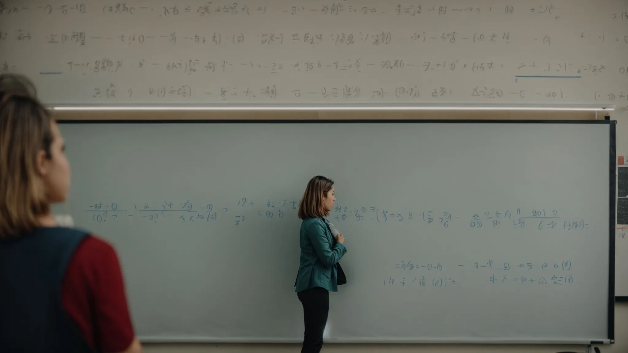 a teacher stands by a large classroom whiteboard, illustrating the process of solving multiplication and division equations to attentive students.