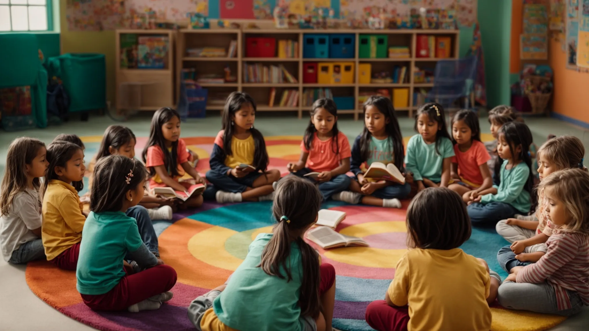 a circle of young children sitting cross-legged on a colorful classroom rug, listening attentively to a teacher reading a book.