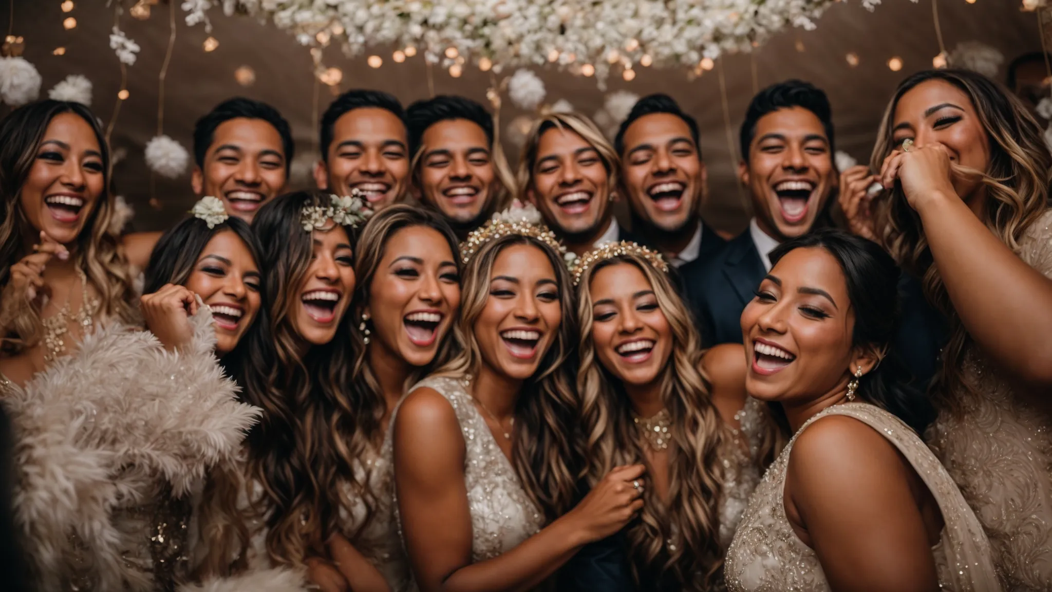 a bride and groom laugh joyously with their guests, clustered around an opulently decorated photo booth, capturing memories.