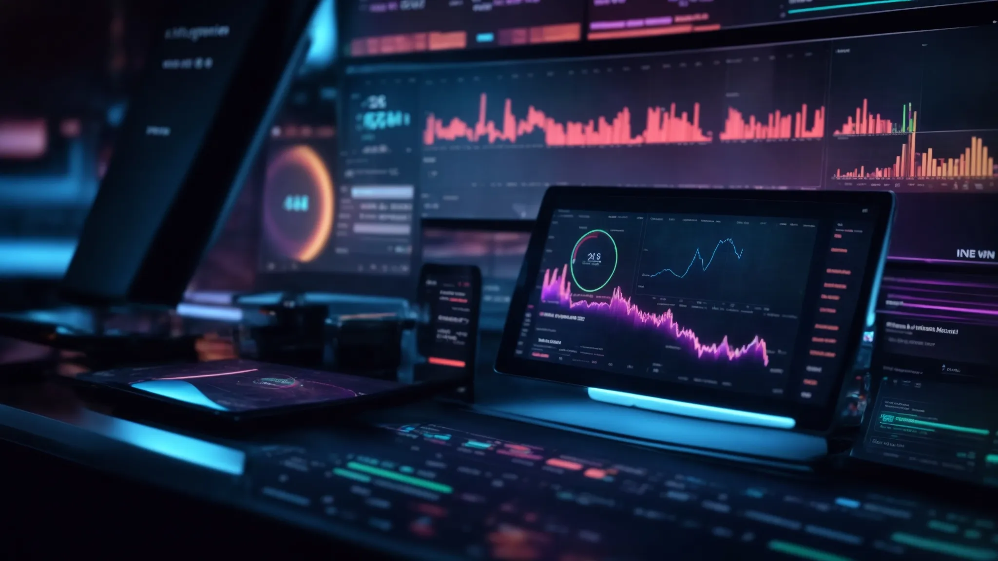 a futuristic digital marketing dashboard glowing with data analytics visualizations, forecasting trends and consumer insights.