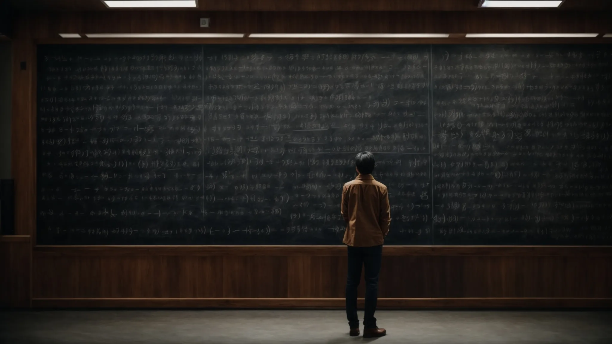 a person standing in front of a large blackboard filled with mathematical equations, deeply engrossed in solving them.