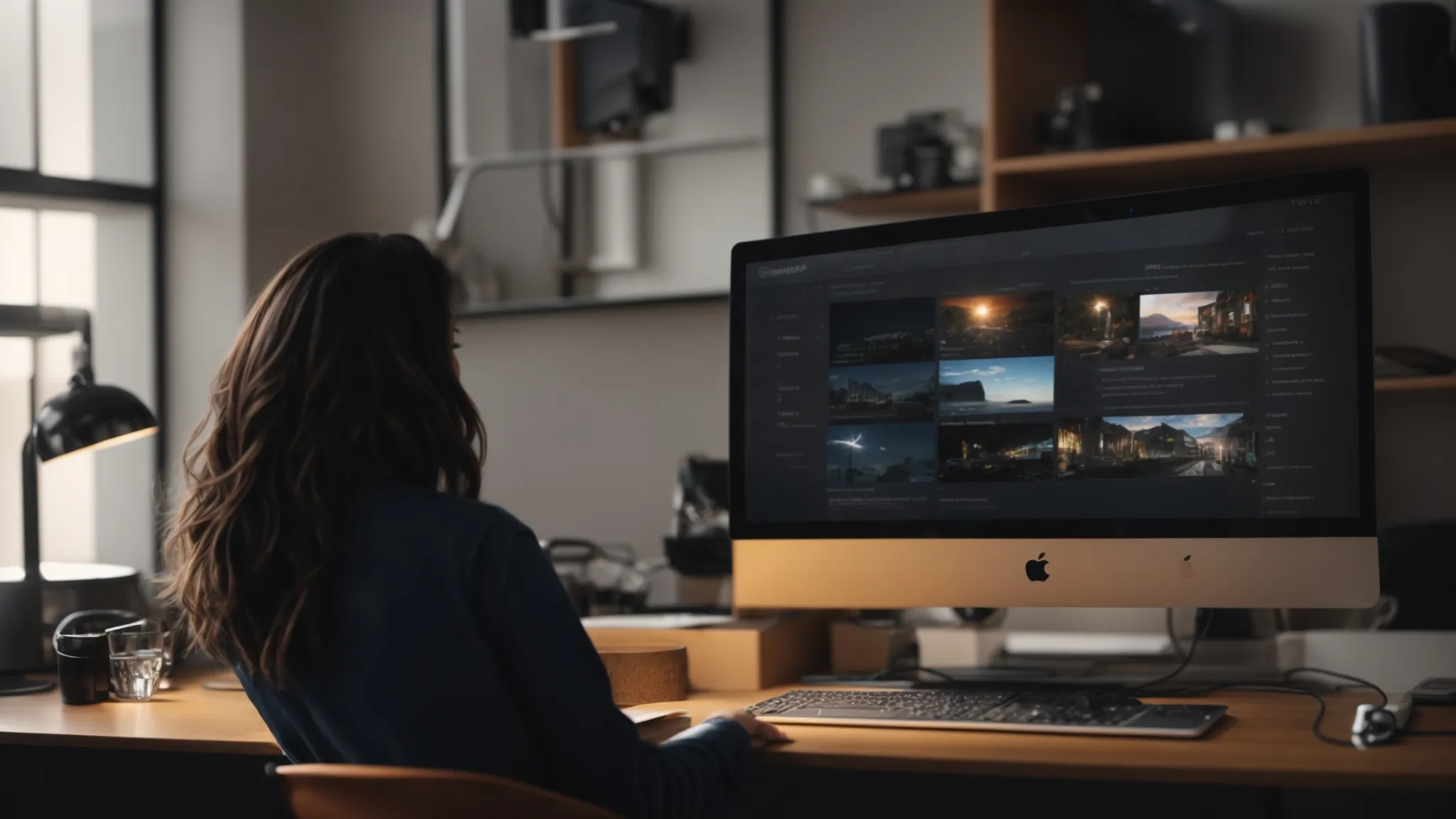 a user blissfully navigating a sleek, seamless website on a desktop computer, surrounded by icons representing speed, ease, and connectivity.