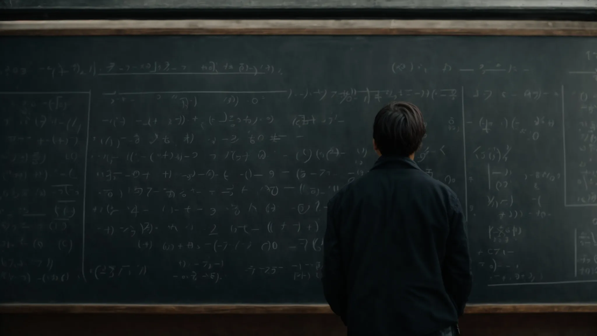 a person stands at a large blackboard, intensely solving complex algebraic equations that cover its surface.