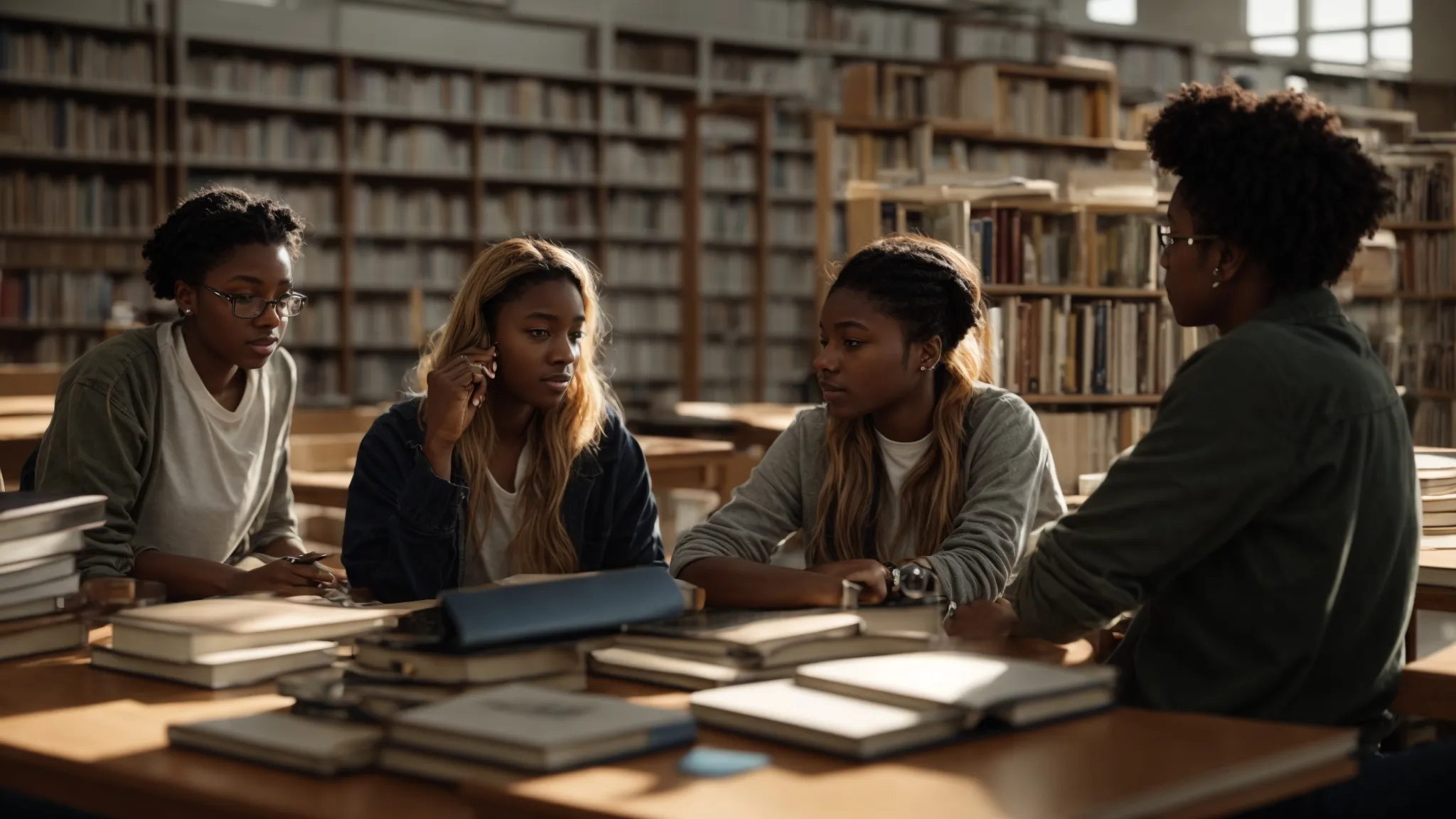 a diverse group of students engaging in a collaborative discussion in a sunlit library, surrounded by books and laptops, symbolizing the intersection of academic pursuit and social interaction.