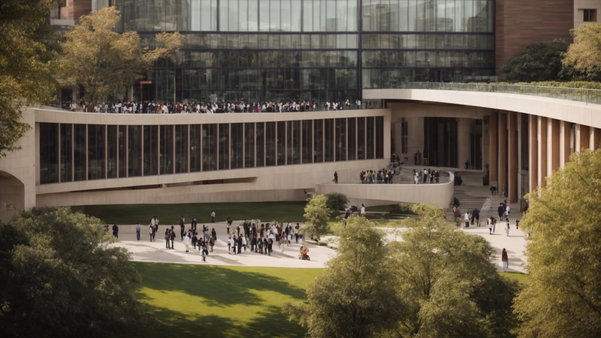 a bustling university campus with a prominent building dedicated to political science and public affairs.