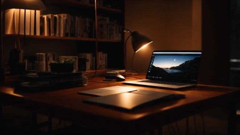 a gleaming laptop sits open on a minimalist desk, surrounded by the soft glow of ambient lighting, ready for creative endeavors.