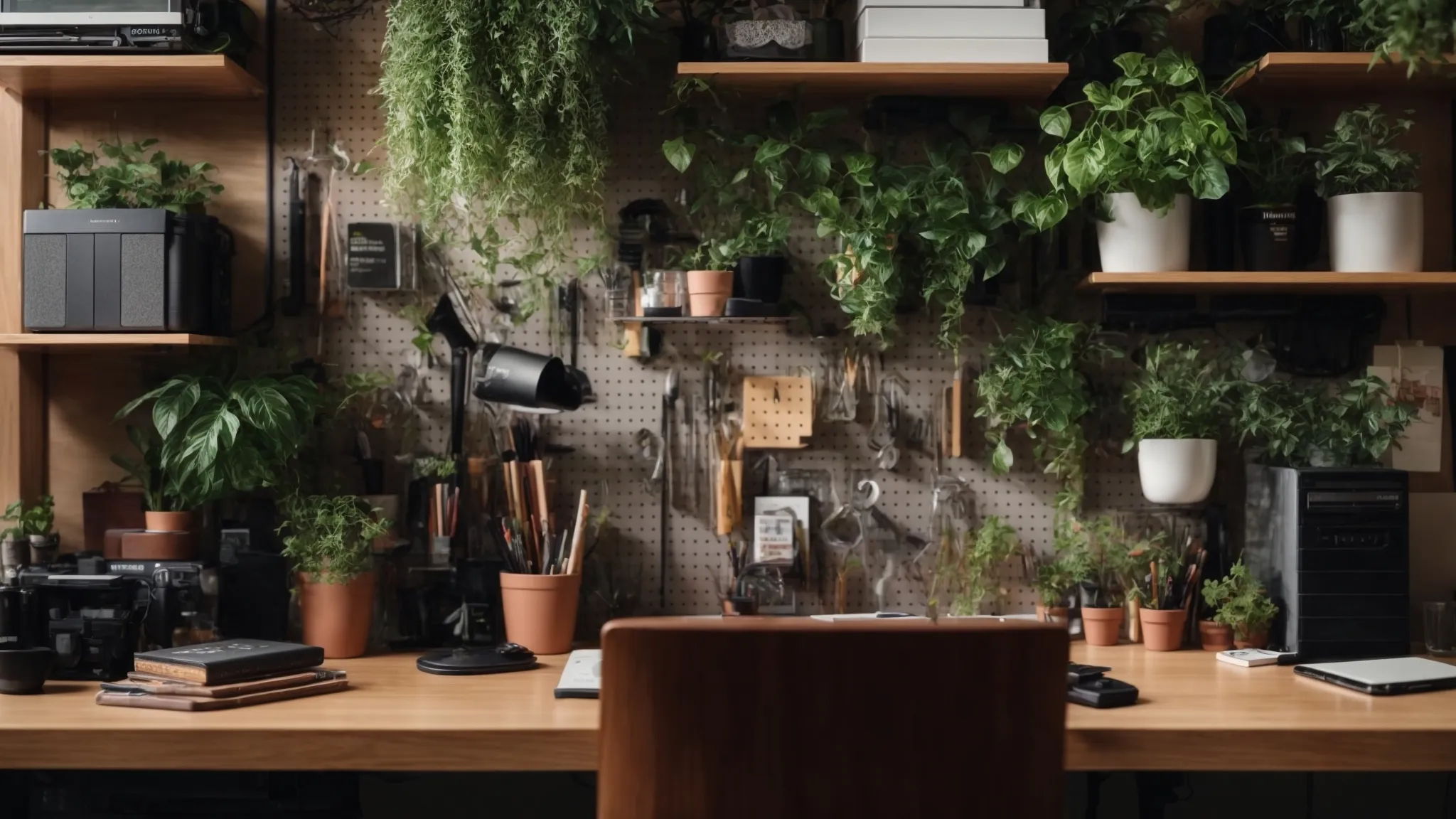 a neatly organized desk featuring a pegboard with tools and shelves filled with plants and office supplies, utilizing vertical space efficiently.