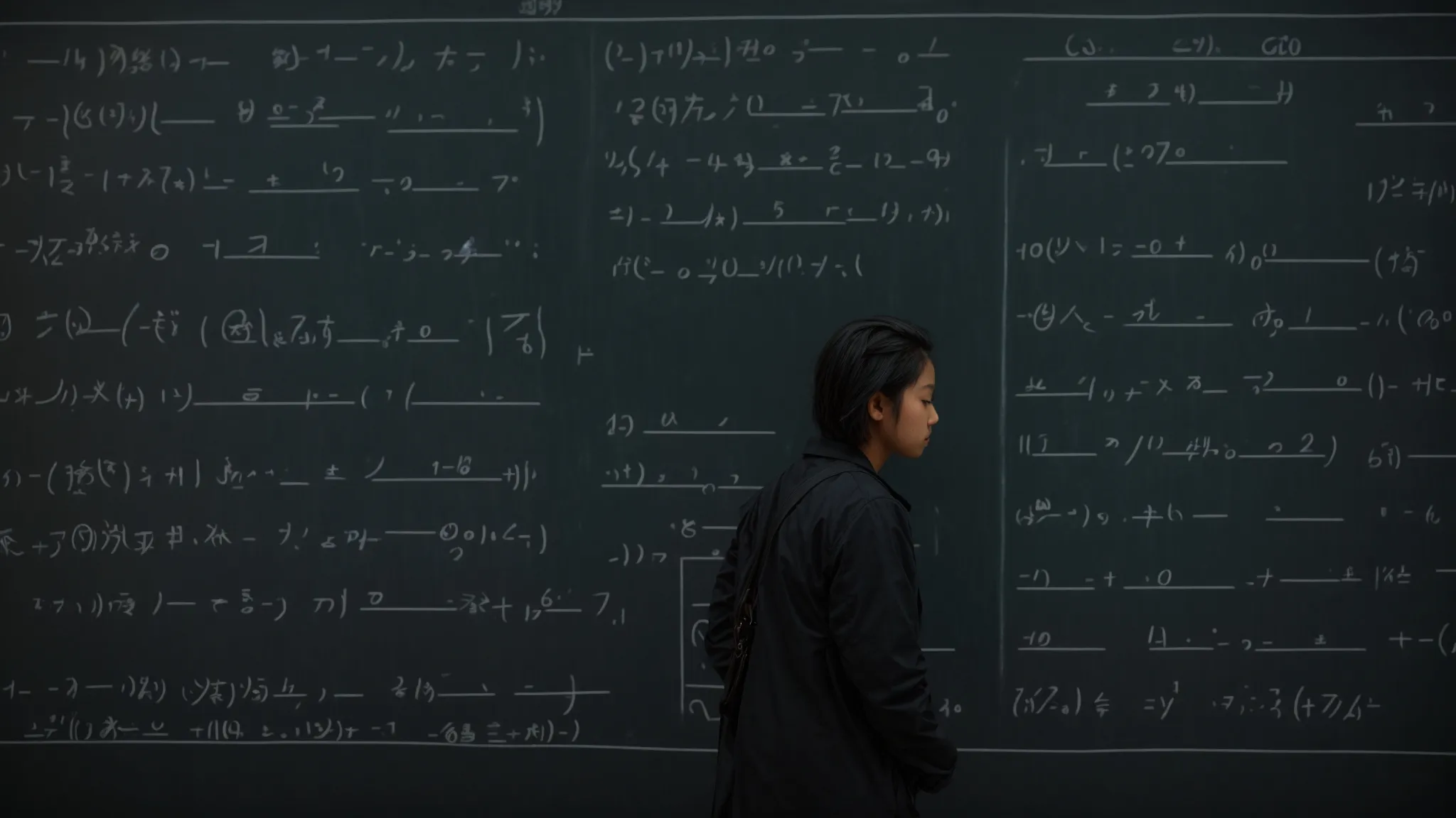 a student standing at a blackboard filled with neatly arranged algebraic equations in chalk.