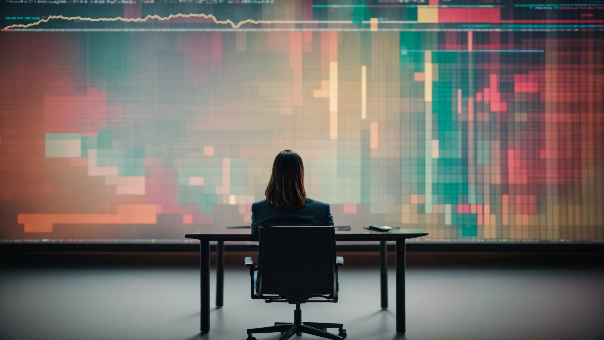 a person sits in front of a large monitor displaying colorful analytical charts and graphs, thoughtfully considering their next strategic move.