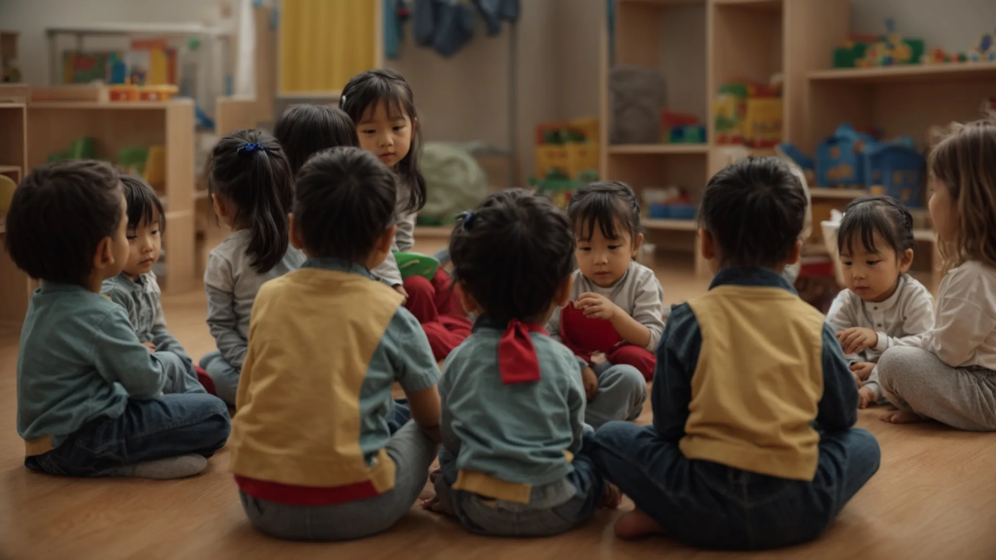 young children sit in a circle at preschool, listening to a story.
