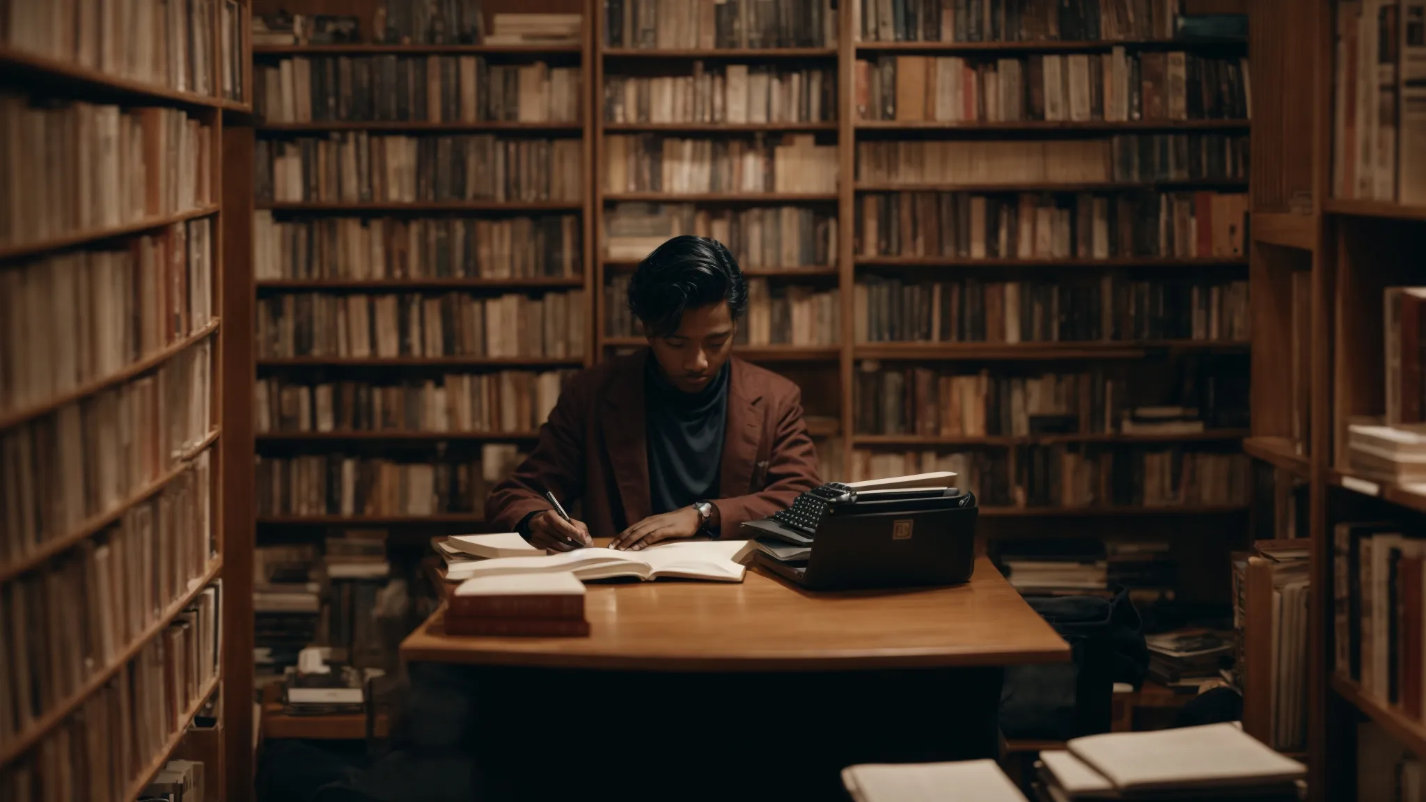 a person seated at a desk, surrounded by books, typing on a laptop.