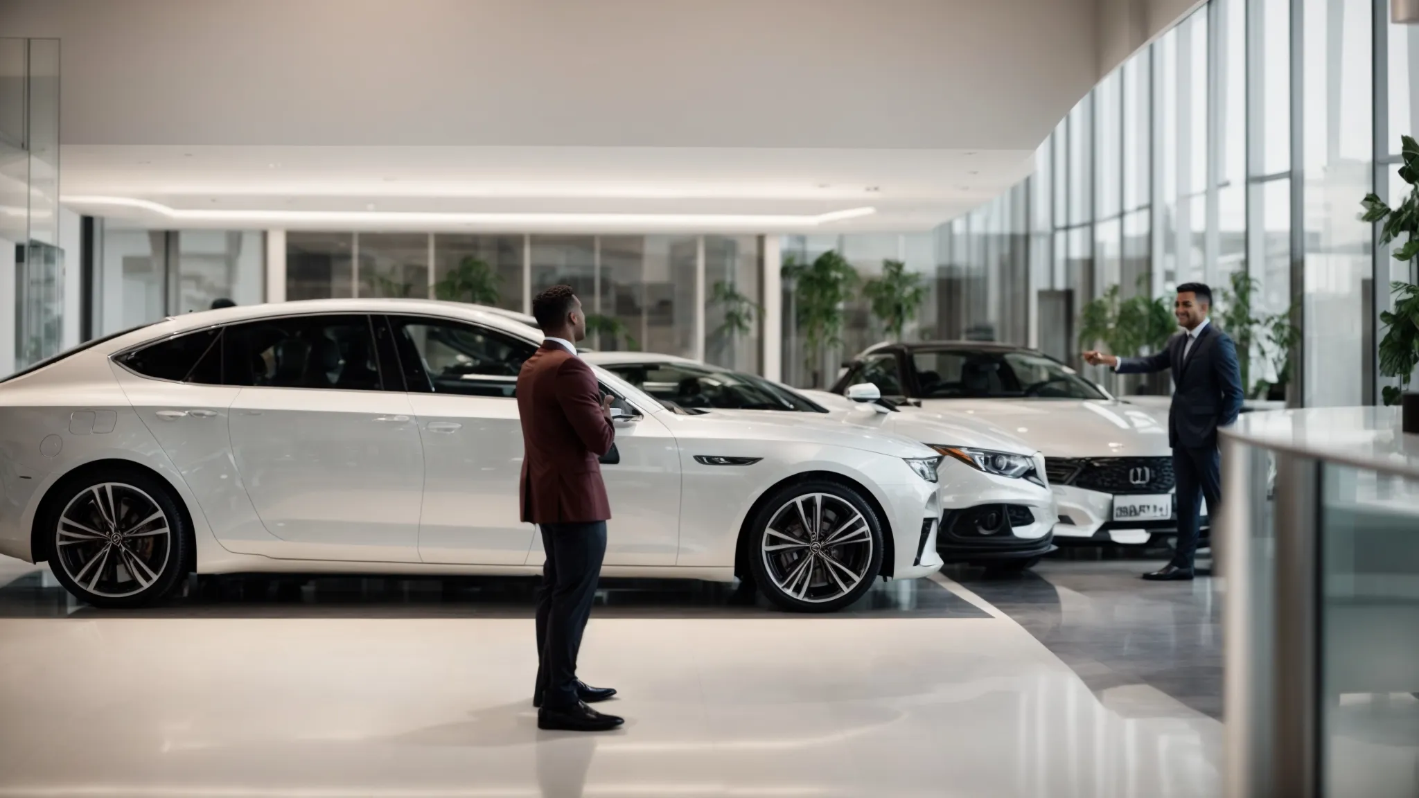 a customer shakes hands with a smiling dealership employee in a sleek, modern showroom.