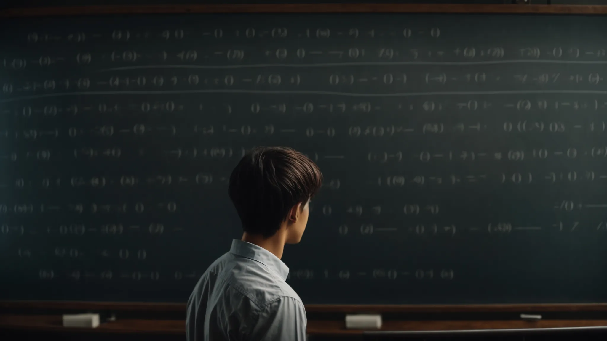 a student stands before a large chalkboard, thoughtfully staring at a complex algebraic equation.