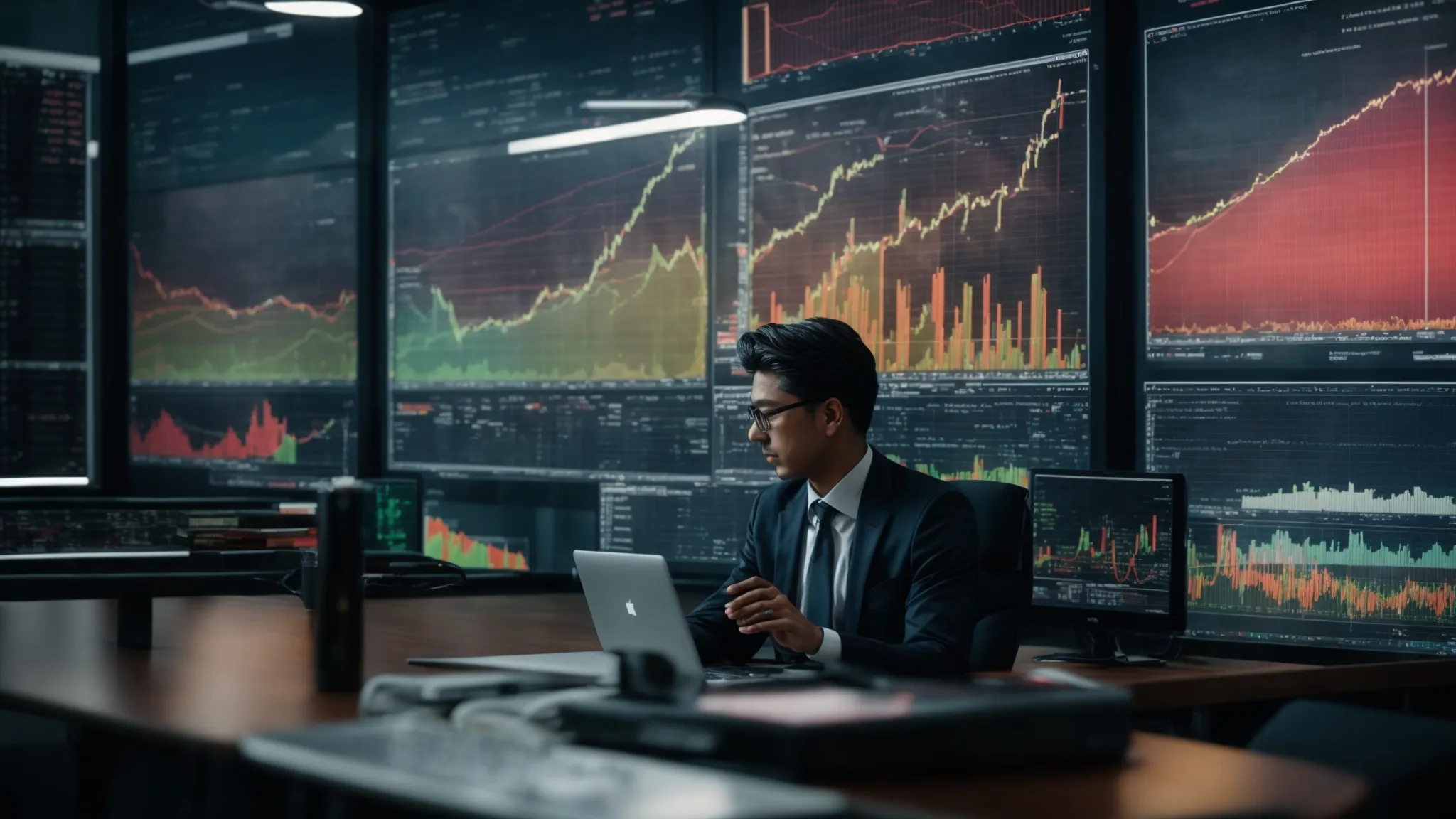 a poised business professional analyzes complex data on a large, vibrant computer screen, strategizing on digital advertising plans.
