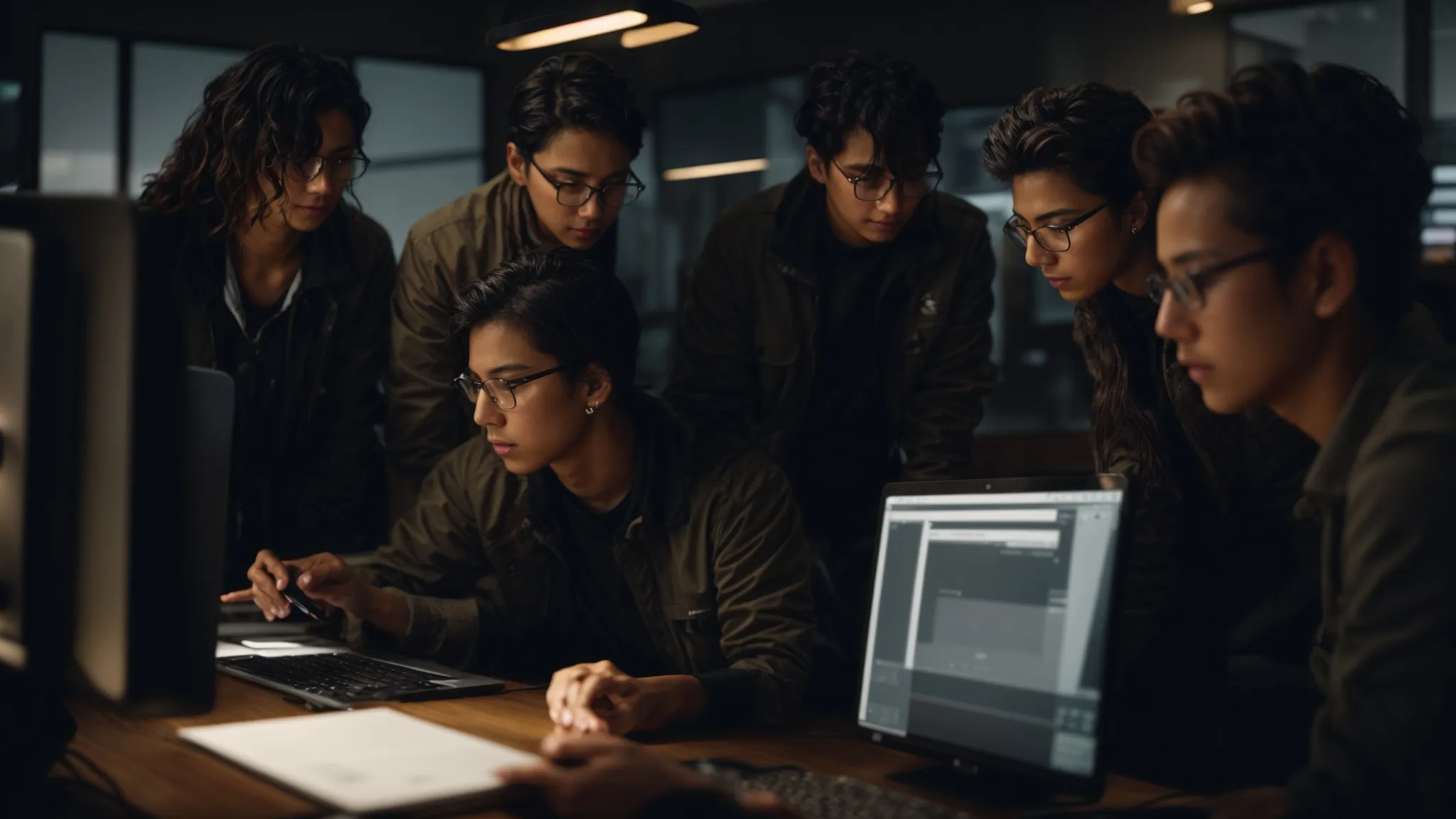 a group of strategists gathered around a computer, visibly collaborating on an innovative project.