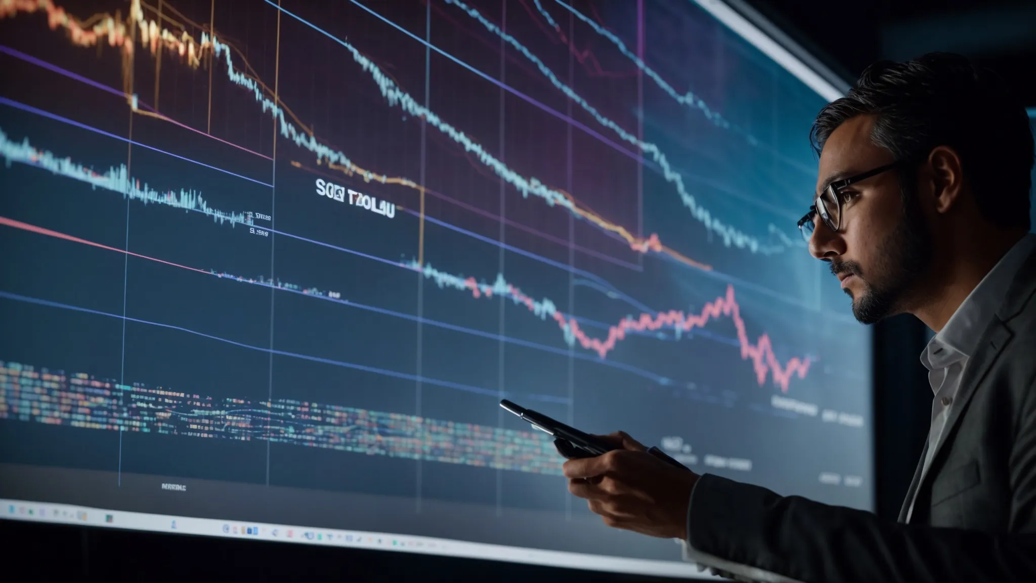 a strategist intently reviews a large, vibrant digital screen displaying graphs and content outlines, planning for future digital campaigns.