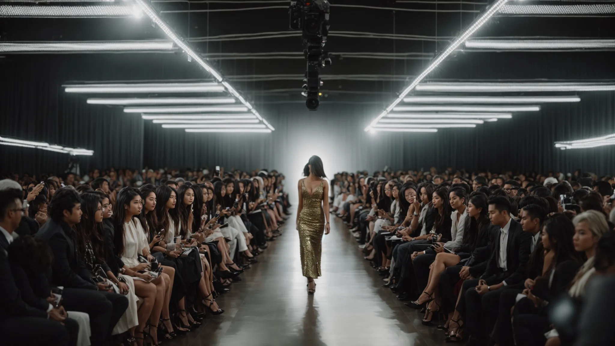 a bustling fashion runway show with photographers capturing models displaying the latest trends.