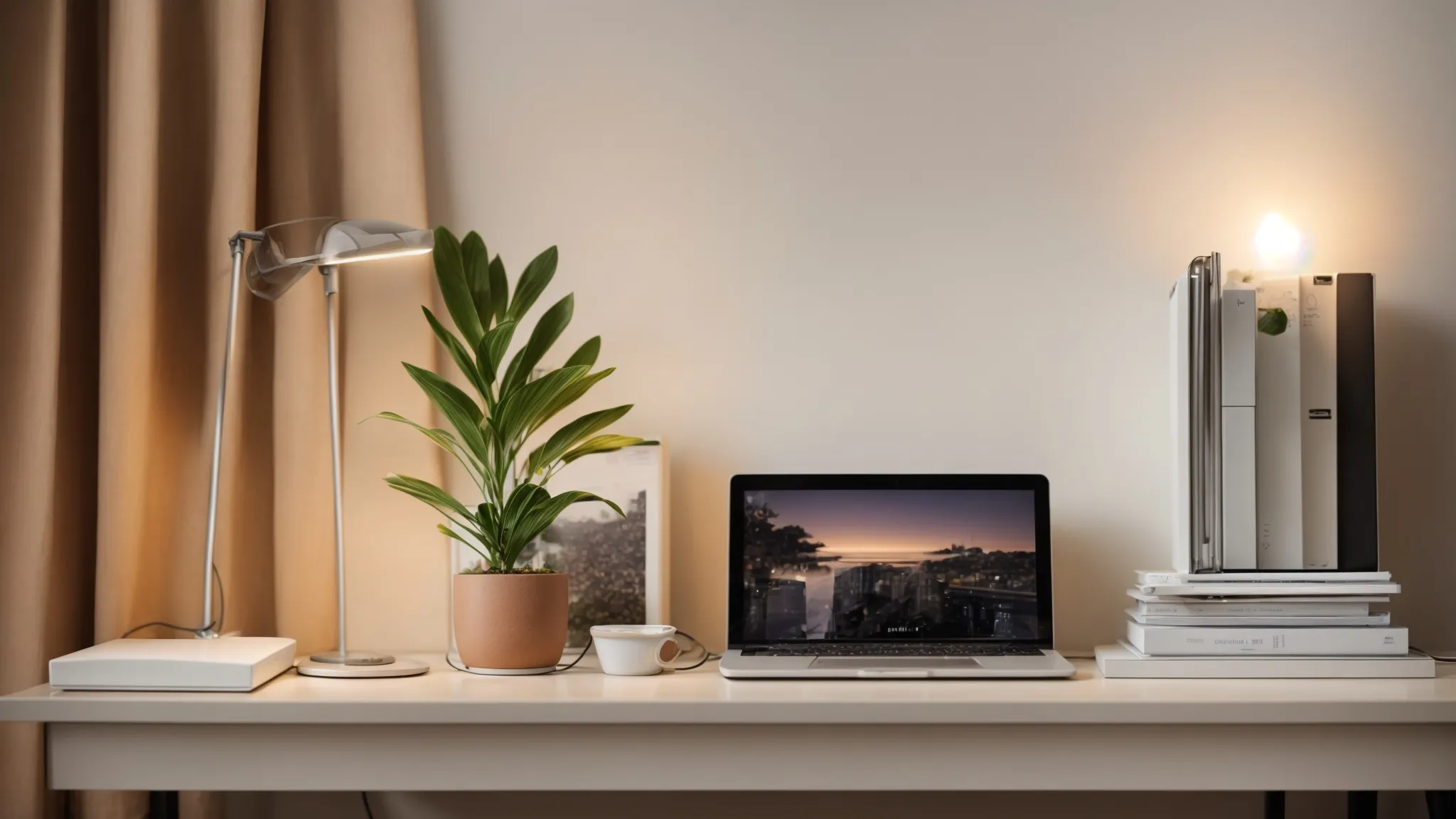 a tidy desk with minimal stationery and a single plant, under a soft lamp glow, illustrating an organized and serene workspace.