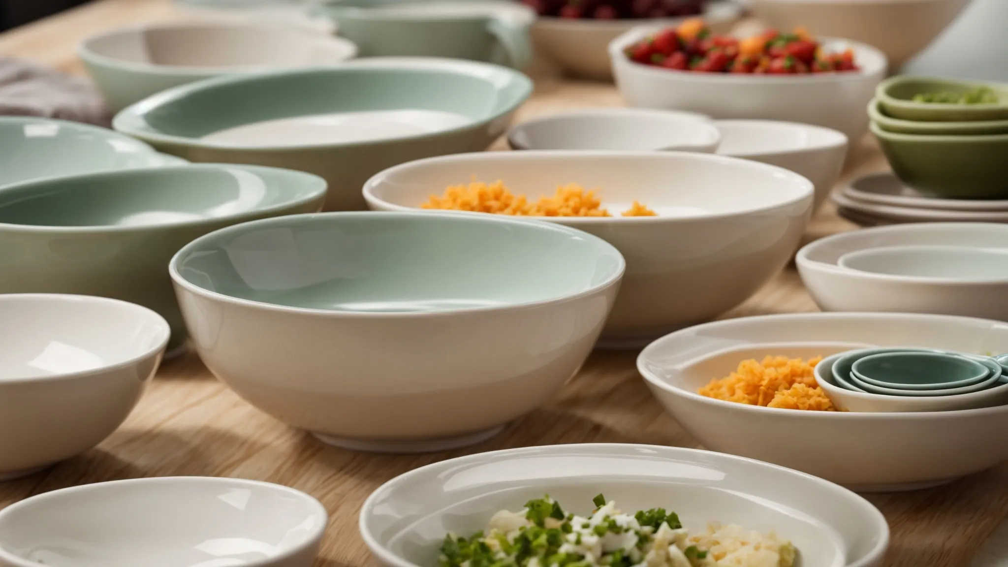 a variety of empty prep bowls are neatly lined up on a clean kitchen counter, ready for ingredient organization.