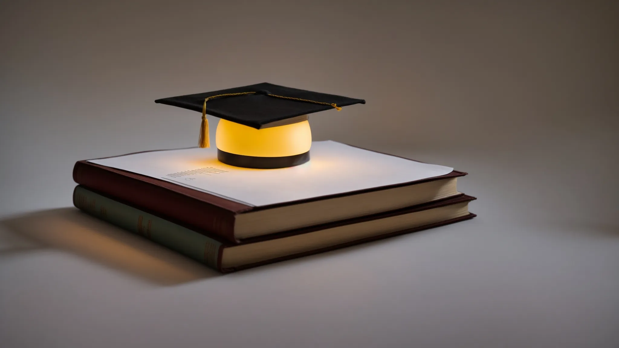 a stack of university textbooks beside a piggy bank with a graduation cap on it, illuminated by the soft glow of a desk lamp.