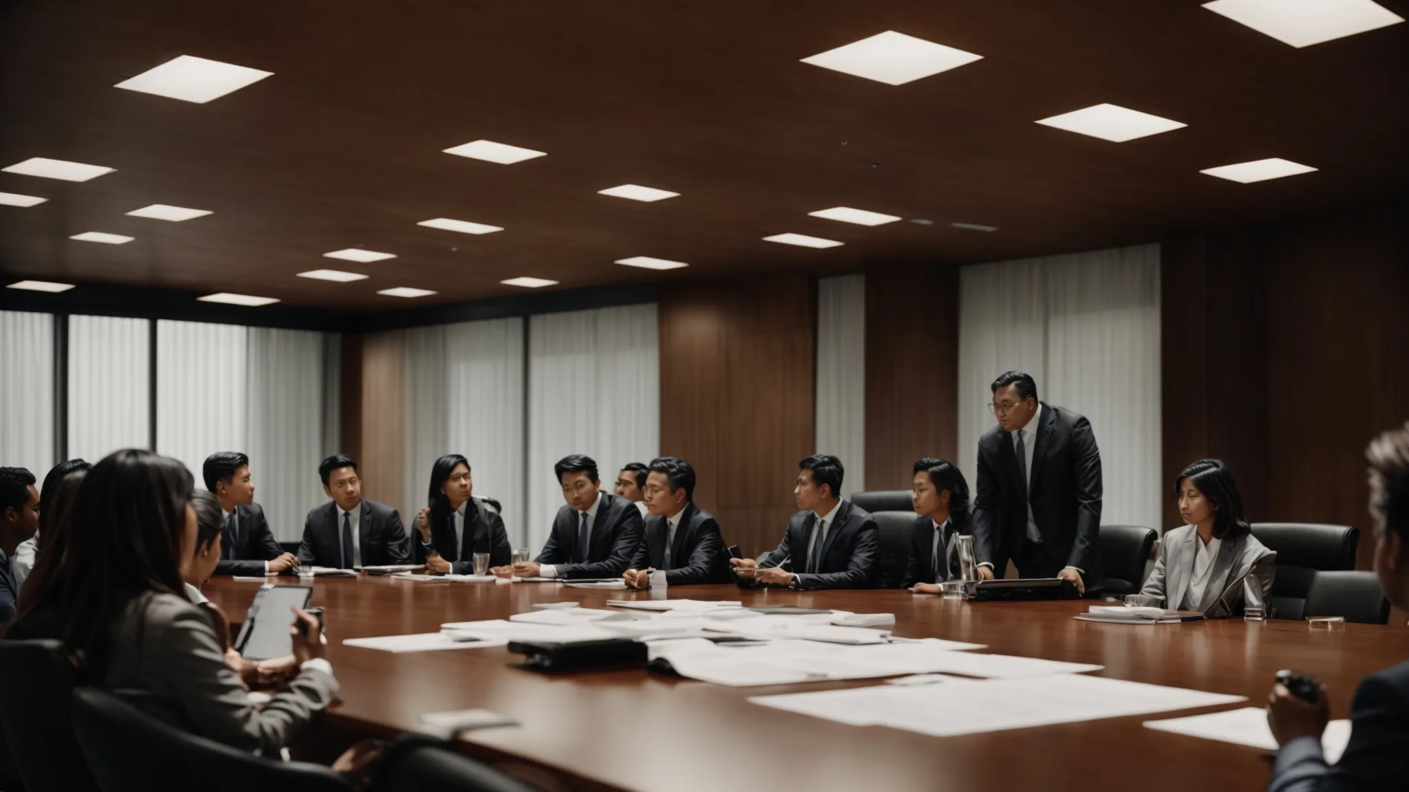 a group of professionals gathered around a large conference table discussing documents and a laptop screen.