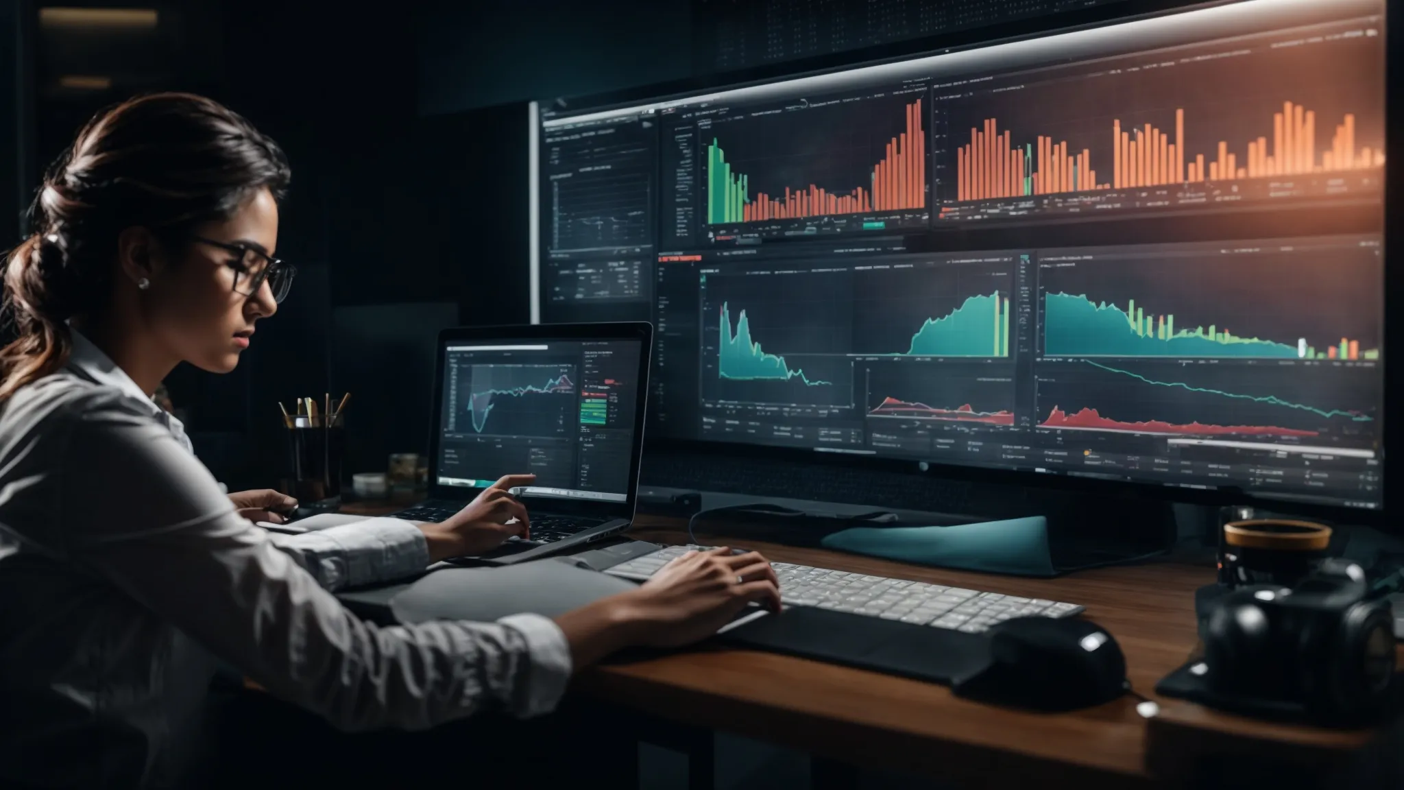 a digital marketer studies complex analytics dashboards on a computer screen, indicating website traffic and performance metrics.