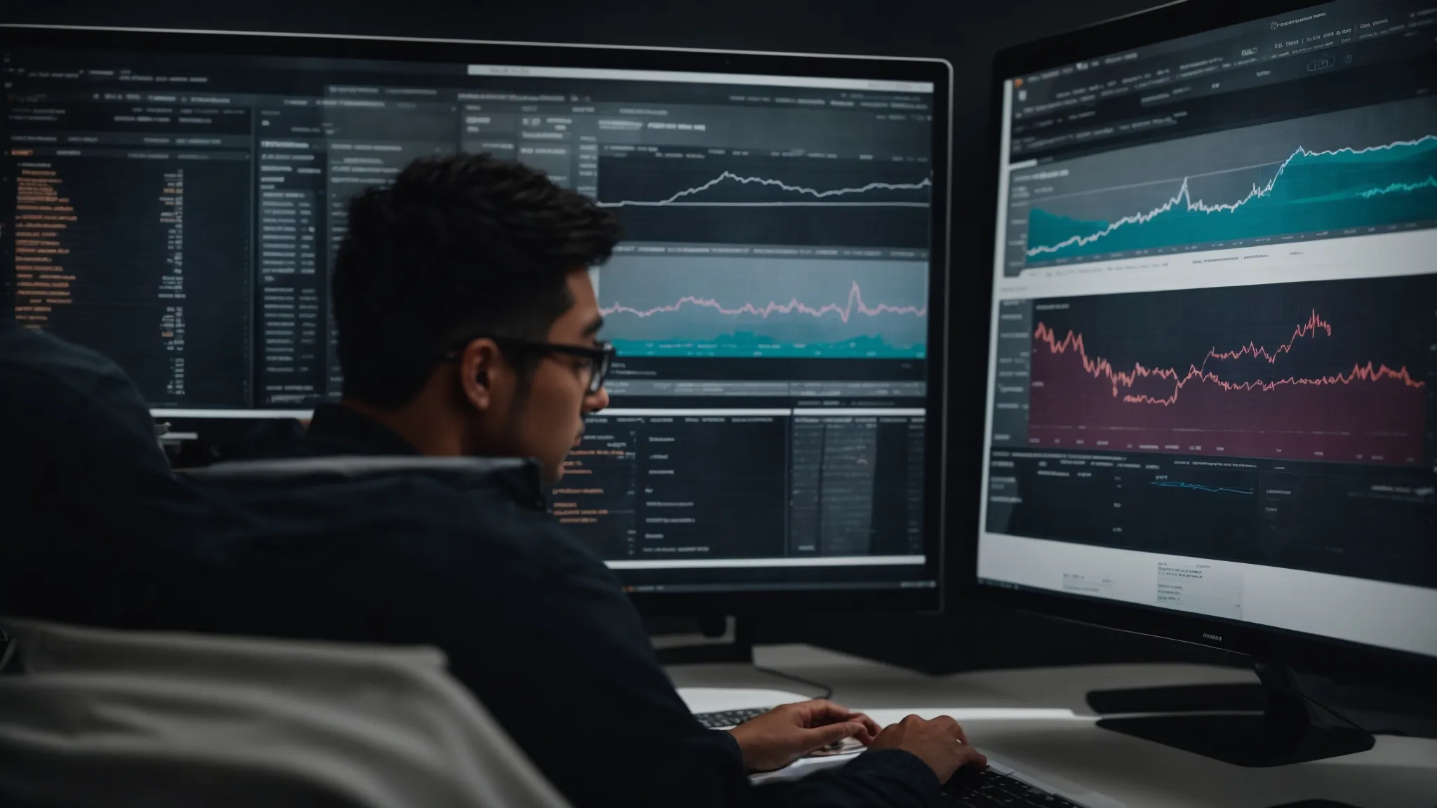 a digital marketing professional analyzes charts and graphs on a computer screen, strategizing an online advertising campaign.