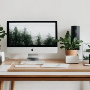 a minimalist desk with a computer, a plant, and a notebook against a white wall.