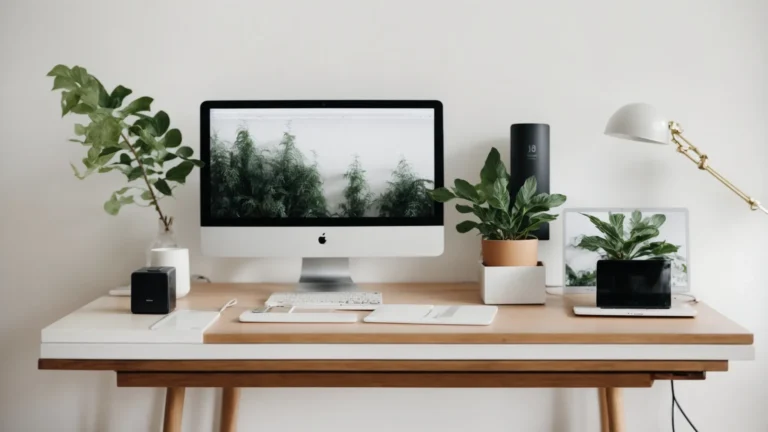 a minimalist desk with a computer, a plant, and a notebook against a white wall.