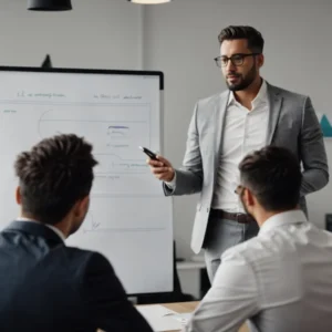 a digital marketing professional is presenting a strategy on a whiteboard to a team in an office.