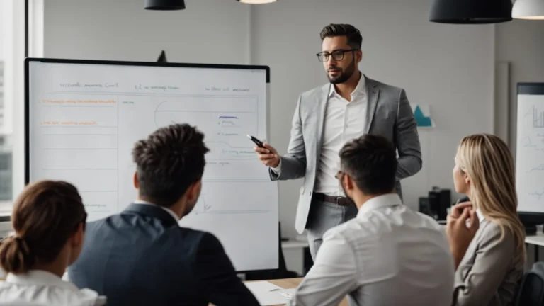 a digital marketing professional is presenting a strategy on a whiteboard to a team in an office.