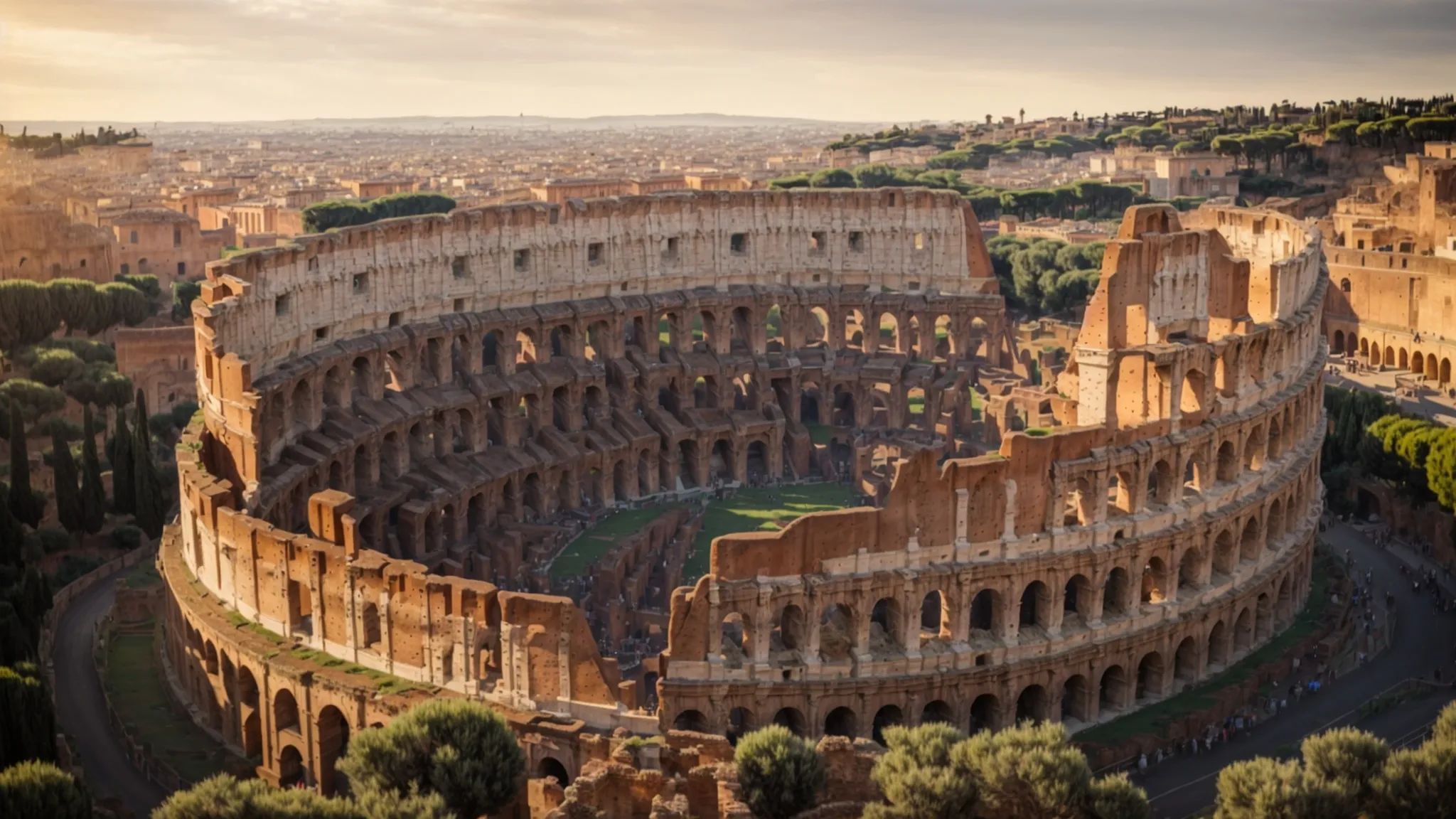an expansive view of the ancient colosseum basking in the golden glow of sunset, surrounded by the timeless beauty of rome.
